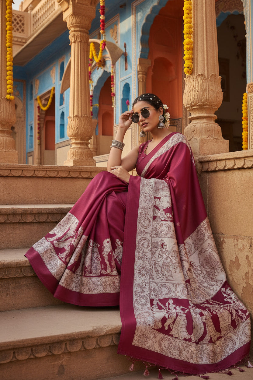 Women's Satin Crepe Printed Saree With Unstitched Blouse 5.5Mtr (Maroon)