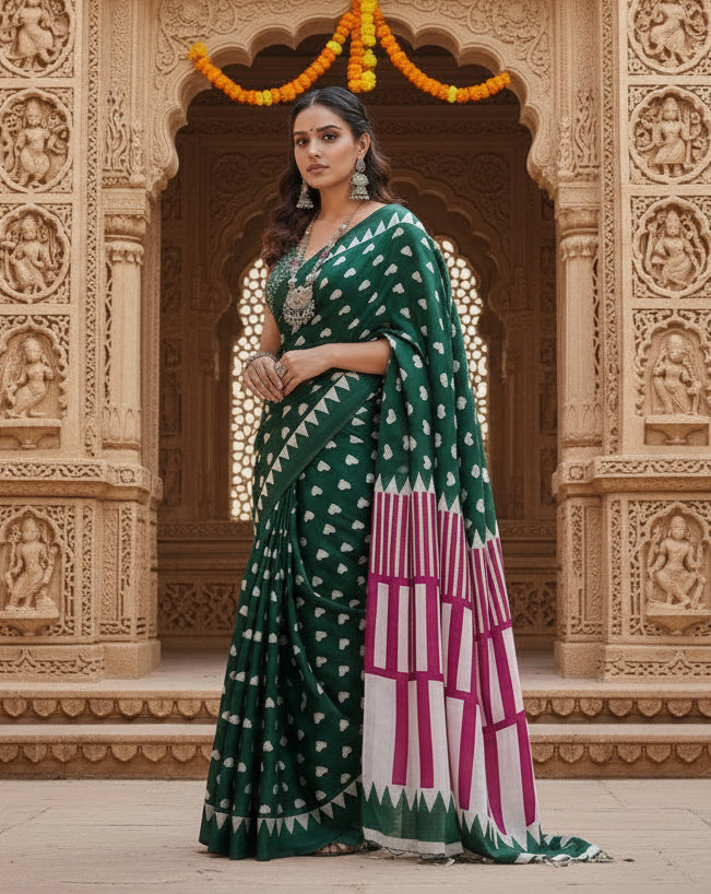 Women's Satin Crepe Printed Saree With Unstitched Blouse 5.5Mtr (Bottle Green)