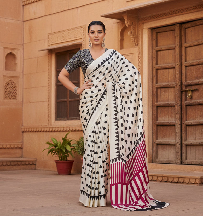 Women's Satin Crepe Printed Saree With Unstitched Blouse 5.5Mtr (White)