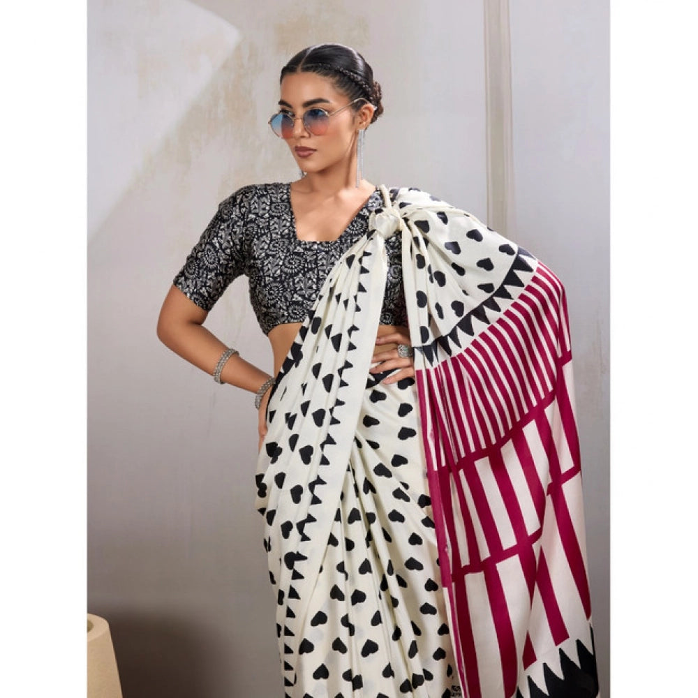 Women's satin crepe printed saree with unstitched blouse 5