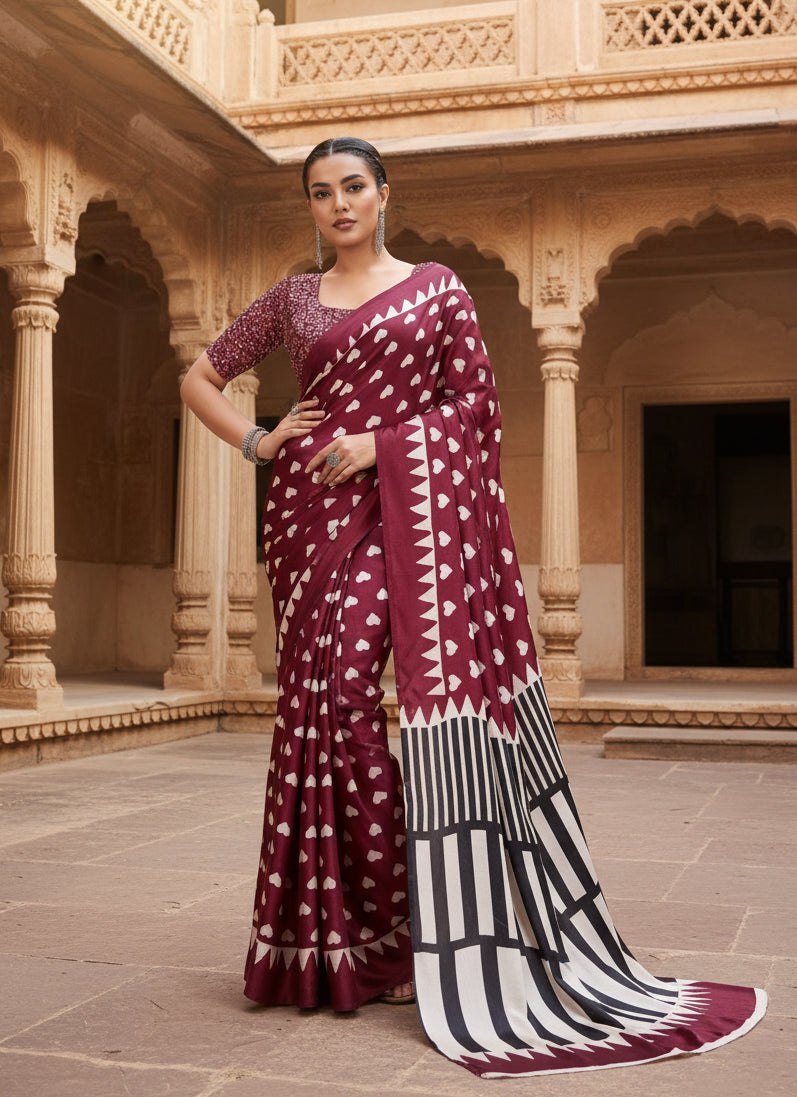 Women's Satin Crepe Printed Saree With Unstitched Blouse 5.5Mtr (Maroon)