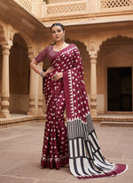 Load image into Gallery viewer, Women's Satin Crepe Printed Saree With Unstitched Blouse 5.5Mtr (Maroon)
