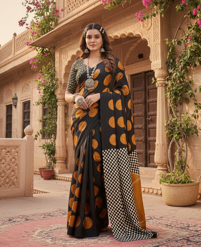 Women's Satin Crepe Printed Saree With Unstitched Blouse 5.5Mtr (Mustard)