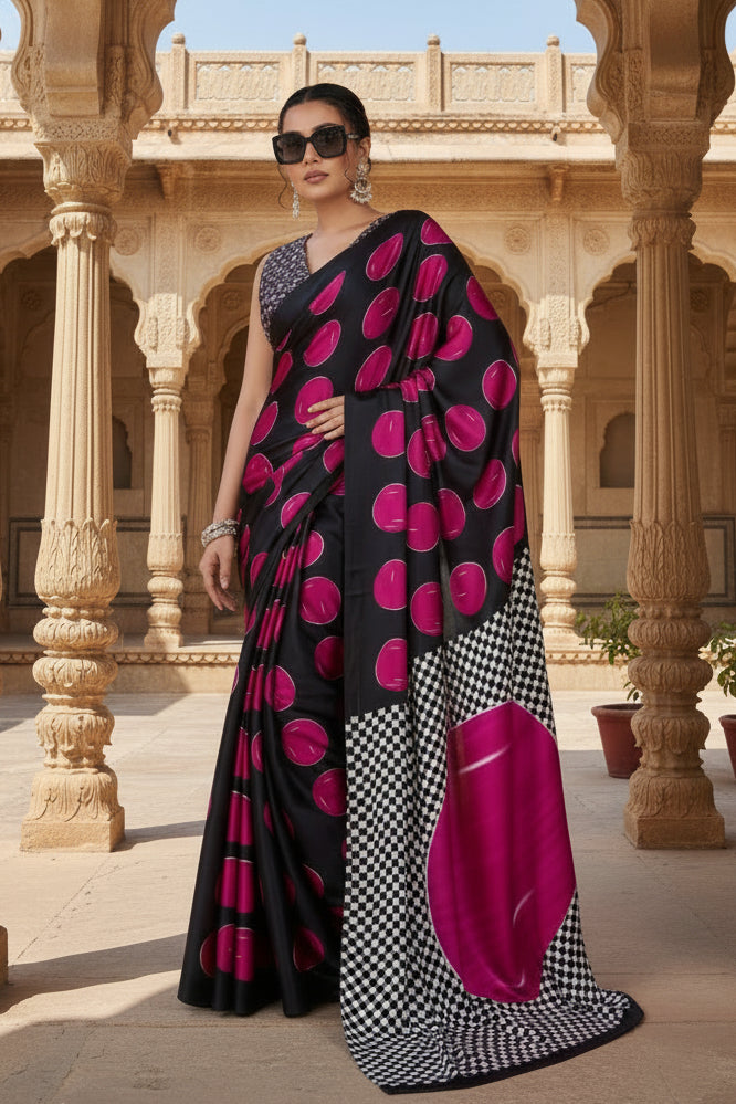 Women's Satin Crepe Printed Saree With Unstitched Blouse 5.5Mtr (Pink)