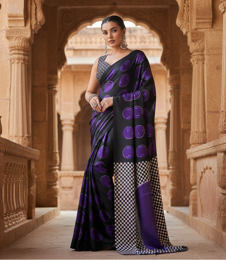 Women's Satin Crepe Printed Saree With Unstitched Blouse 5.5Mtr (Purple)