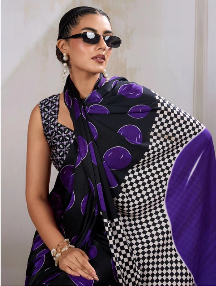 Women's Satin Crepe Printed Saree With Unstitched Blouse 5.5Mtr (Purple)