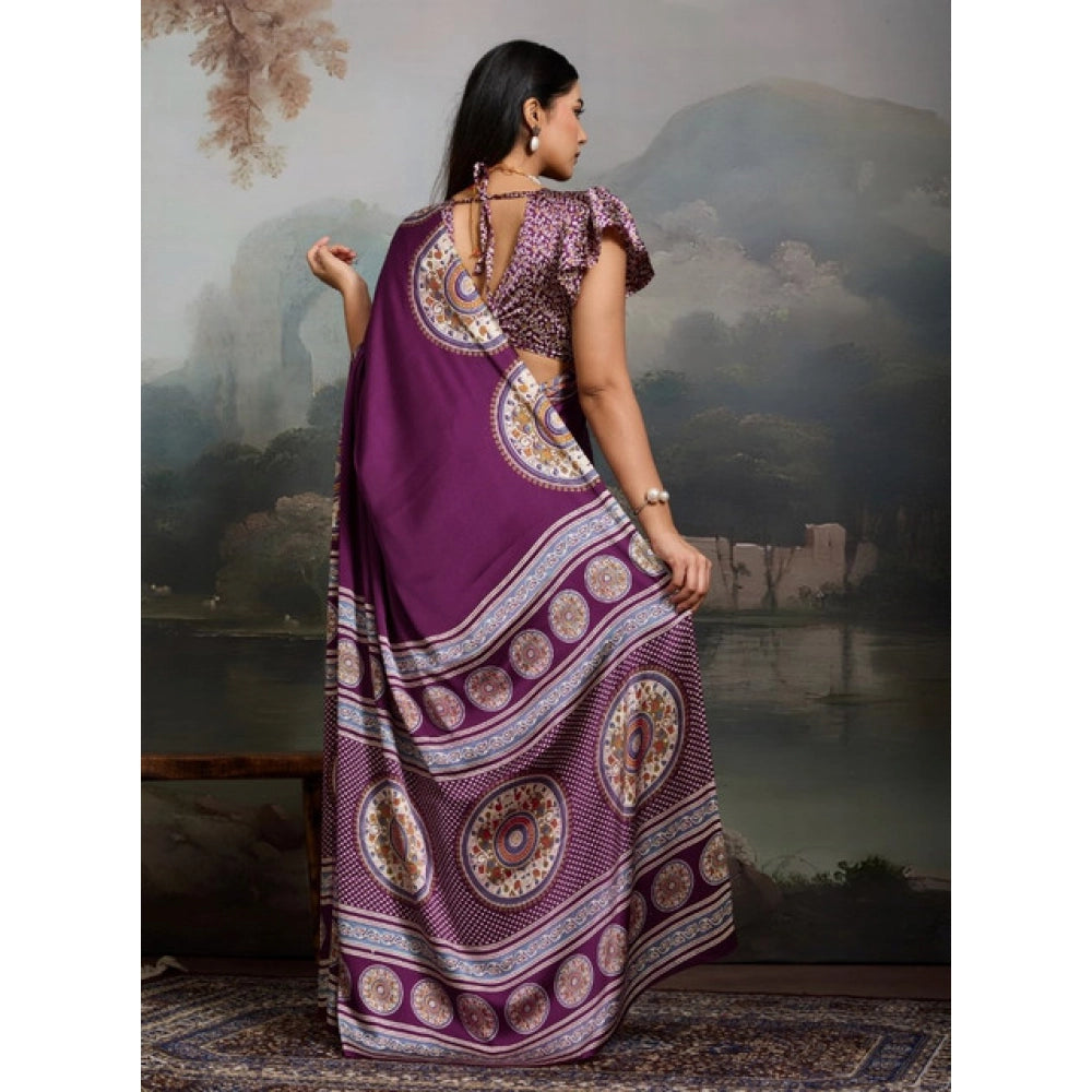 Women's Satin Crepe Printed Saree With Unstitched Blouse 5.5Mtr (Purple)