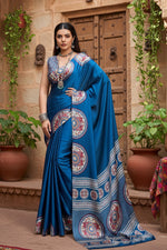 Load image into Gallery viewer, Women's Satin Crepe Printed Saree With Unstitched Blouse 5.5Mtr (Blue)
