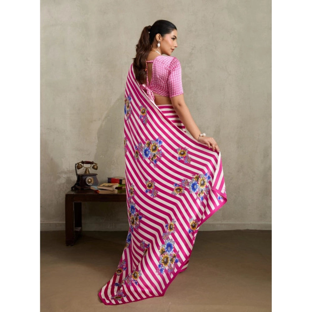 Women's satin crepe printed saree with unstitched blouse 5