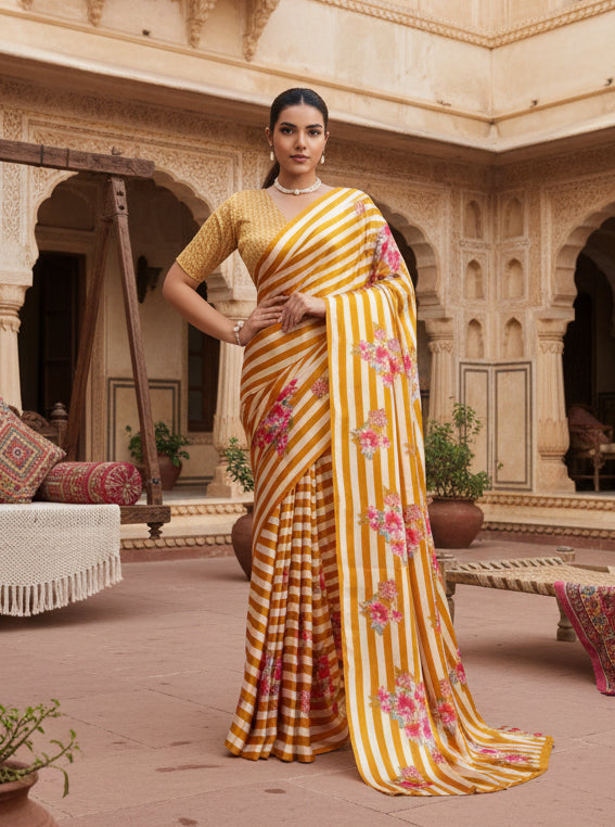 Women's Satin Crepe Printed Saree With Unstitched Blouse 5.5Mtr (Mustard)