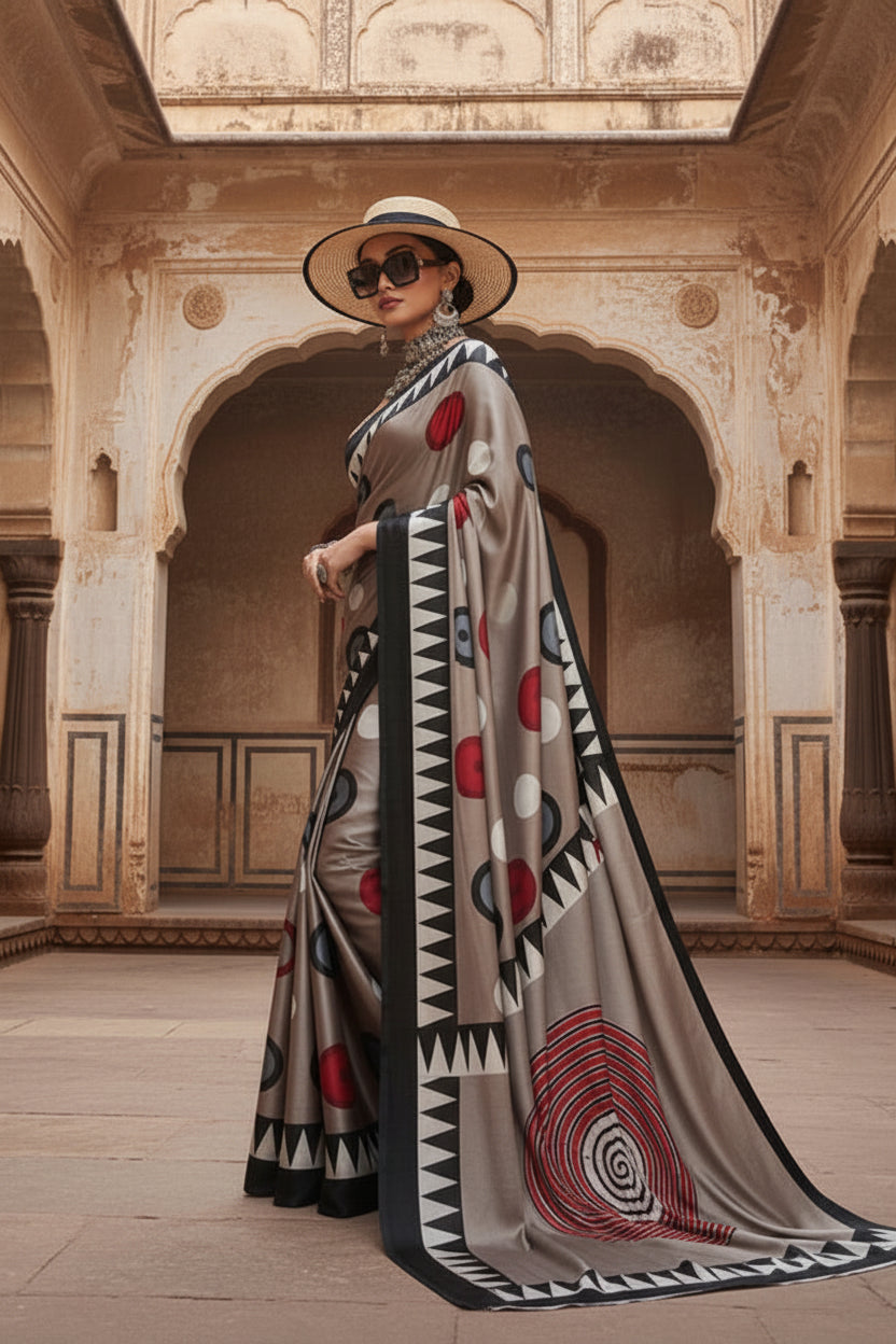 Women's Satin Crepe Ajrakh Printed Saree With Unstitched Blouse 5.5Mtr (Grey)