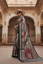 Load image into Gallery viewer, Women's Satin Crepe Ajrakh Printed Saree With Unstitched Blouse 5.5Mtr (Grey)

