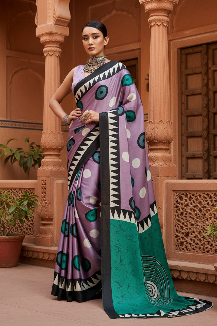 Women's Satin Crepe Printed Saree With Unstitched Blouse 5.5Mtr (Multicolor)