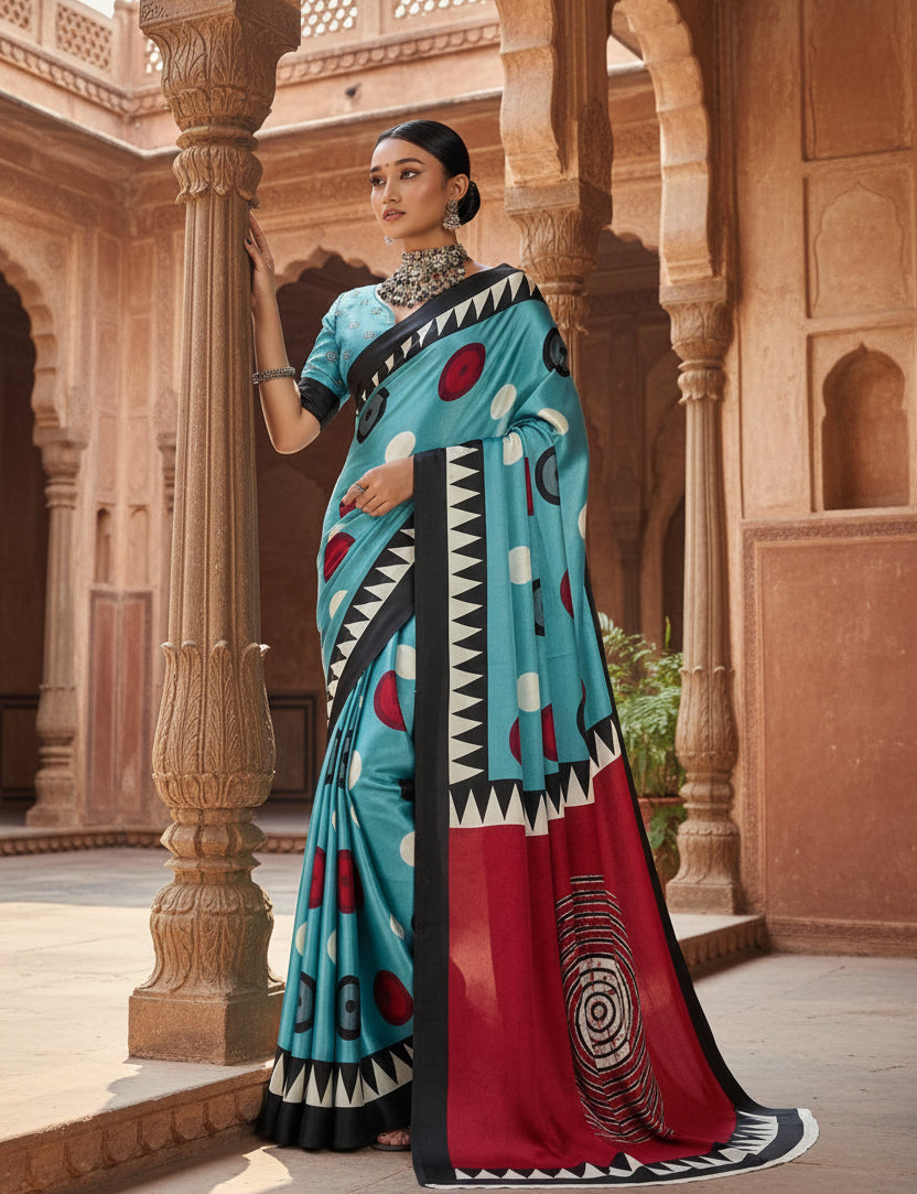 Women's Satin Crepe Printed Saree With Unstitched Blouse 5.5Mtr (Sky Blue)