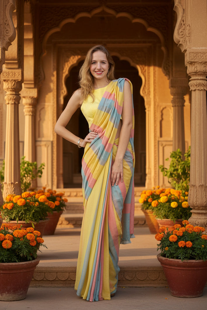 Women's Linen Printed Saree With Unstitched Blouse 5.5Mtr (Multicolor)