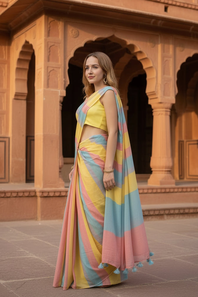 Women's Linen Printed Saree With Unstitched Blouse 5.5Mtr (Multicolor)