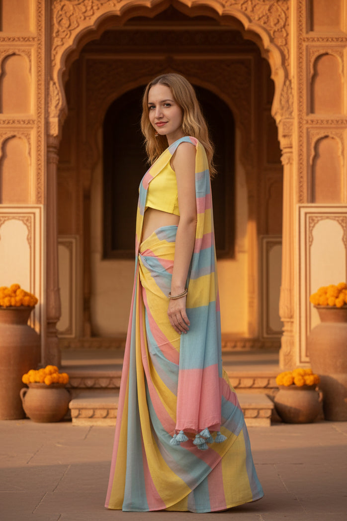 Women's Linen Printed Saree With Unstitched Blouse 5.5Mtr (Multicolor)