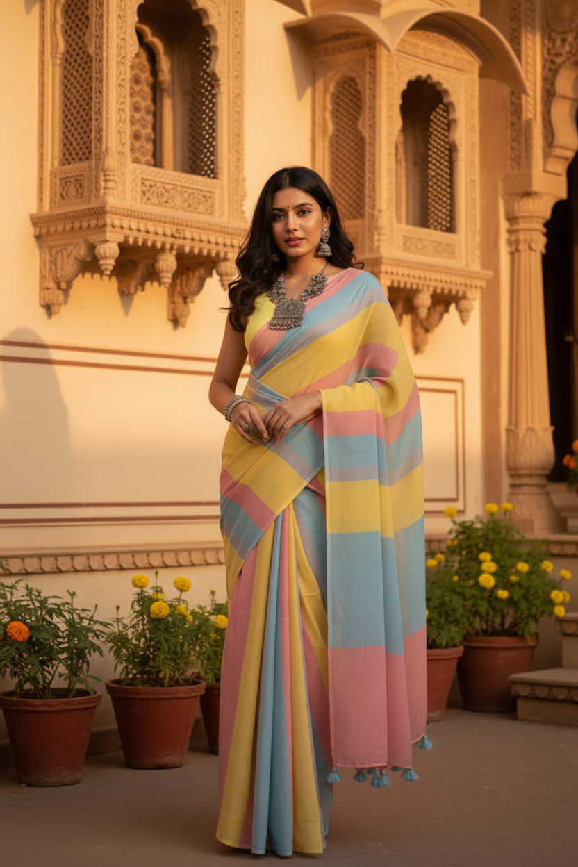 Women's Linen Printed Saree With Unstitched Blouse 5.5Mtr (Multicolor)