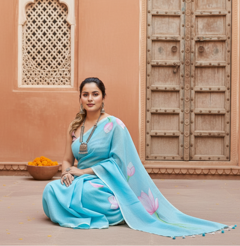 Women's linen printed saree with unstitched blouse 5