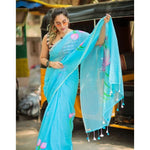 Load image into Gallery viewer, Women's Linen Printed Saree With Unstitched Blouse 5.5Mtr (light Blue)
