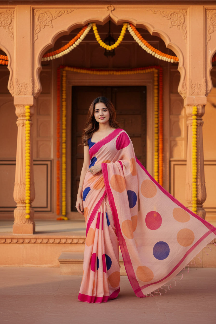 Women's Linen Printed Saree With Unstitched Blouse 5.5Mtr (Orange)