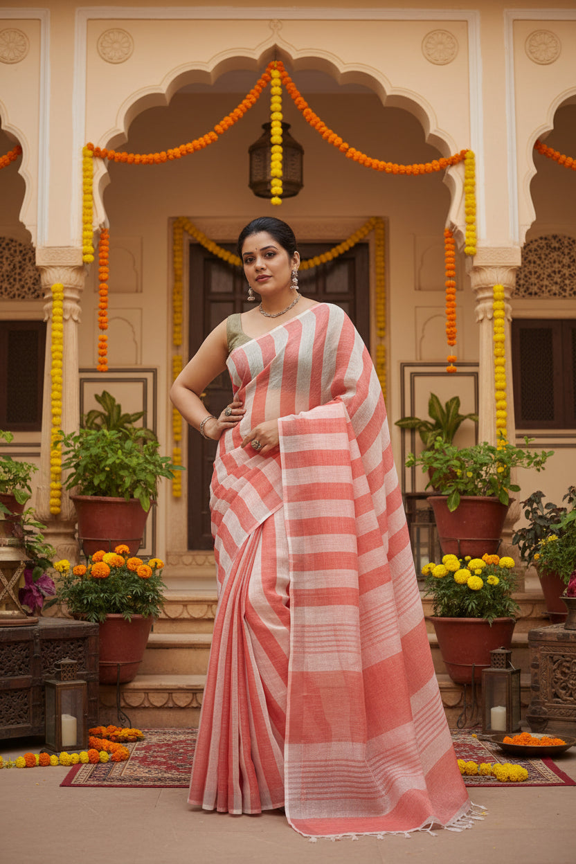 Women's Linen Printed Saree With Unstitched Blouse 5.5Mtr (Multicolor)