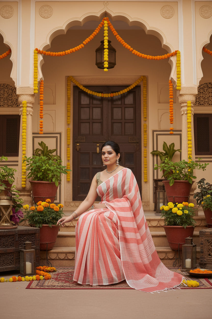 Women's Linen Printed Saree With Unstitched Blouse 5.5Mtr (Multicolor)