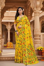 Load image into Gallery viewer, Women's Georgette Printed Saree With Unstitched Blouse 5.5Mtr (Yellow)
