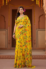 Load image into Gallery viewer, Women's Georgette Printed Saree With Unstitched Blouse 5.5Mtr (Yellow)
