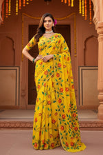 Load image into Gallery viewer, Women's Georgette Printed Saree With Unstitched Blouse 5.5Mtr (Yellow)
