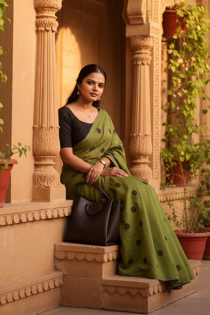 Women's Linen Printed Saree With Unstitched Blouse 5.5Mtr (Green)