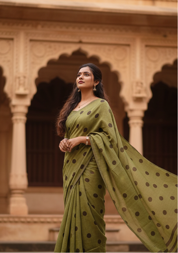 Women's Linen Printed Saree With Unstitched Blouse 5.5Mtr (Green)