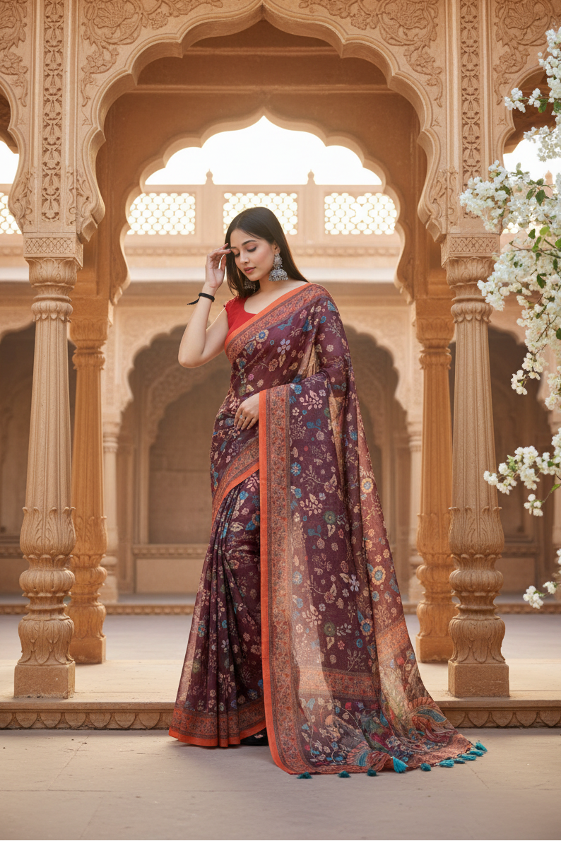 Women's Linen Printed Saree With Unstitched Blouse 5.5Mtr (Brown)