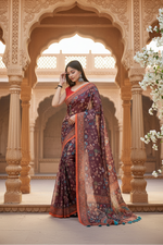 Load image into Gallery viewer, Women's Linen Printed Saree With Unstitched Blouse 5.5Mtr (Brown)
