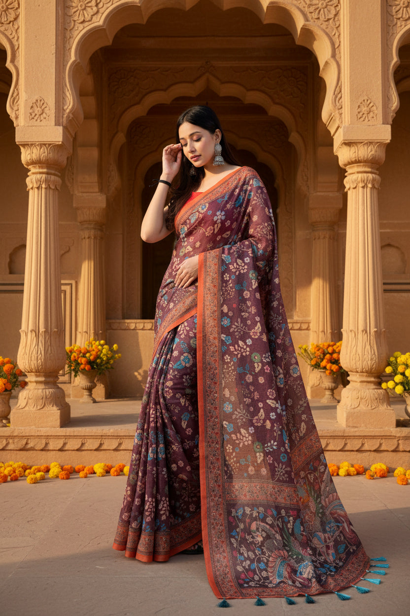 Pid 65163 women s linen printed saree with unstitched blouse 5 5 mtr brown 1 1000x1000_9b88461b 8d0e 4781 92a4 95d2d9703d3d