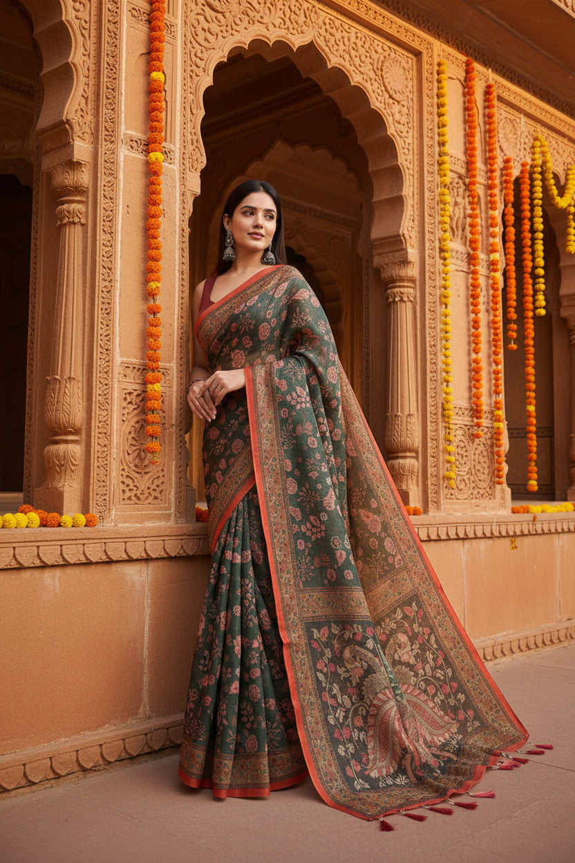 Women's Linen Printed Saree With Unstitched Blouse 5.5Mtr (Green)