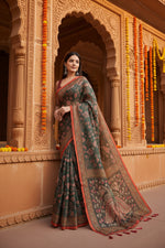Load image into Gallery viewer, Women's Linen Printed Saree With Unstitched Blouse 5.5Mtr (Green)
