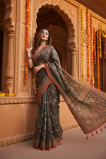 Load image into Gallery viewer, Women's Linen Printed Saree With Unstitched Blouse 5.5Mtr (Green)
