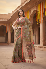 Load image into Gallery viewer, Women's Linen Printed Saree With Unstitched Blouse 5.5Mtr (Sea Green)

