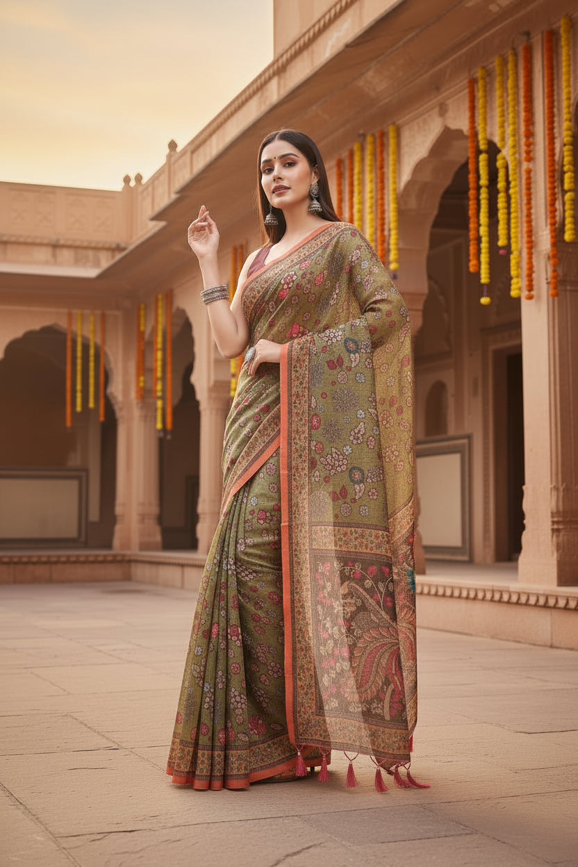 Women's linen printed saree with unstitched blouse 5
