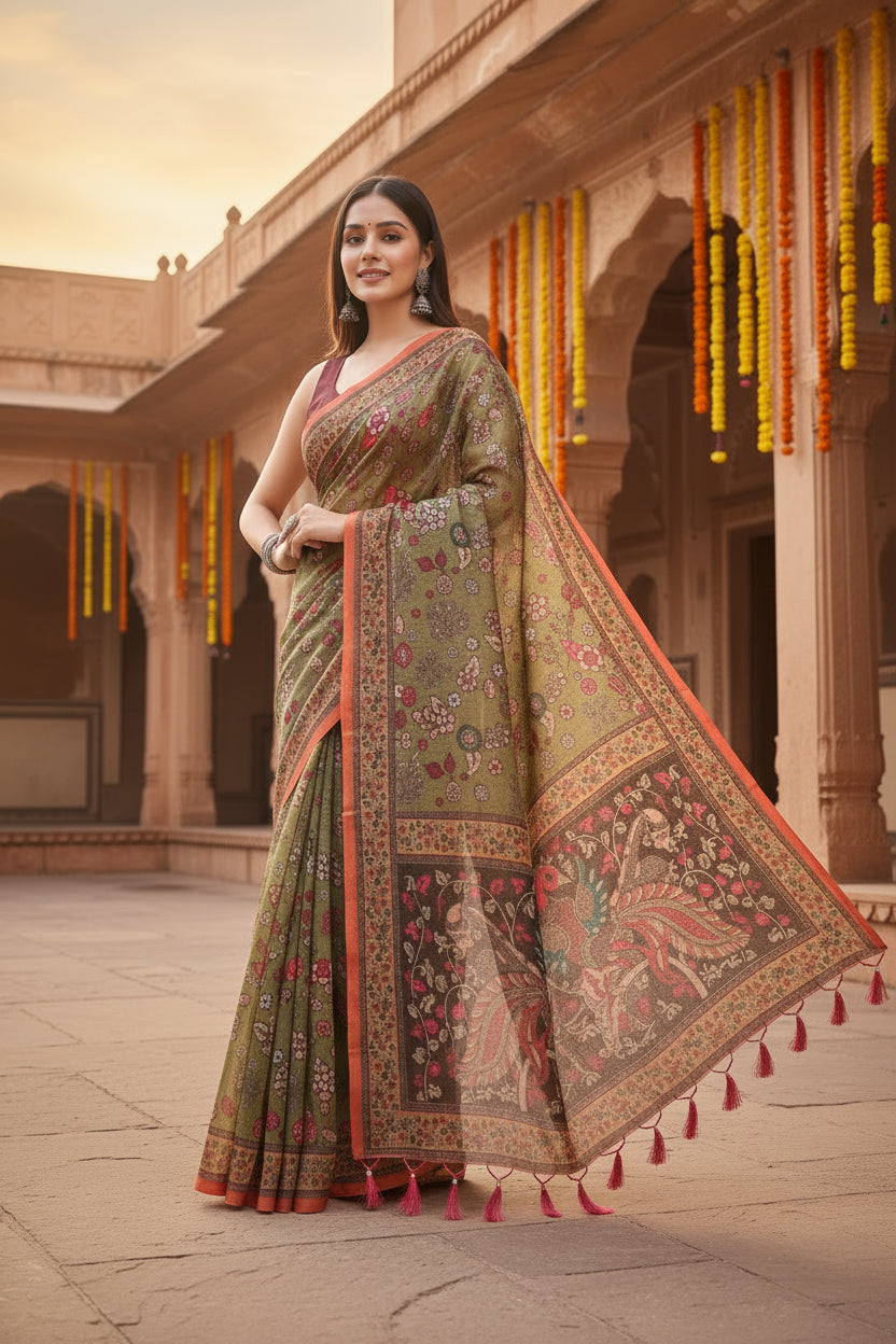 Women's Linen Printed Saree With Unstitched Blouse 5.5Mtr (Sea Green)