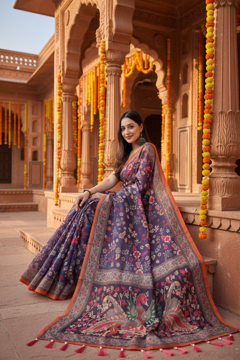 Women's Linen Printed Saree With Unstitched Blouse 5.5Mtr (Blue)