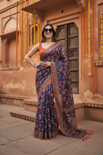 Load image into Gallery viewer, Women's Linen Printed Saree With Unstitched Blouse 5.5Mtr (Blue)
