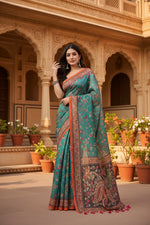 Load image into Gallery viewer, Women's Linen Printed Saree With Unstitched Blouse 5.5Mtr (Olive)
