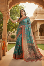 Load image into Gallery viewer, Women's Linen Printed Saree With Unstitched Blouse 5.5Mtr (Olive)
