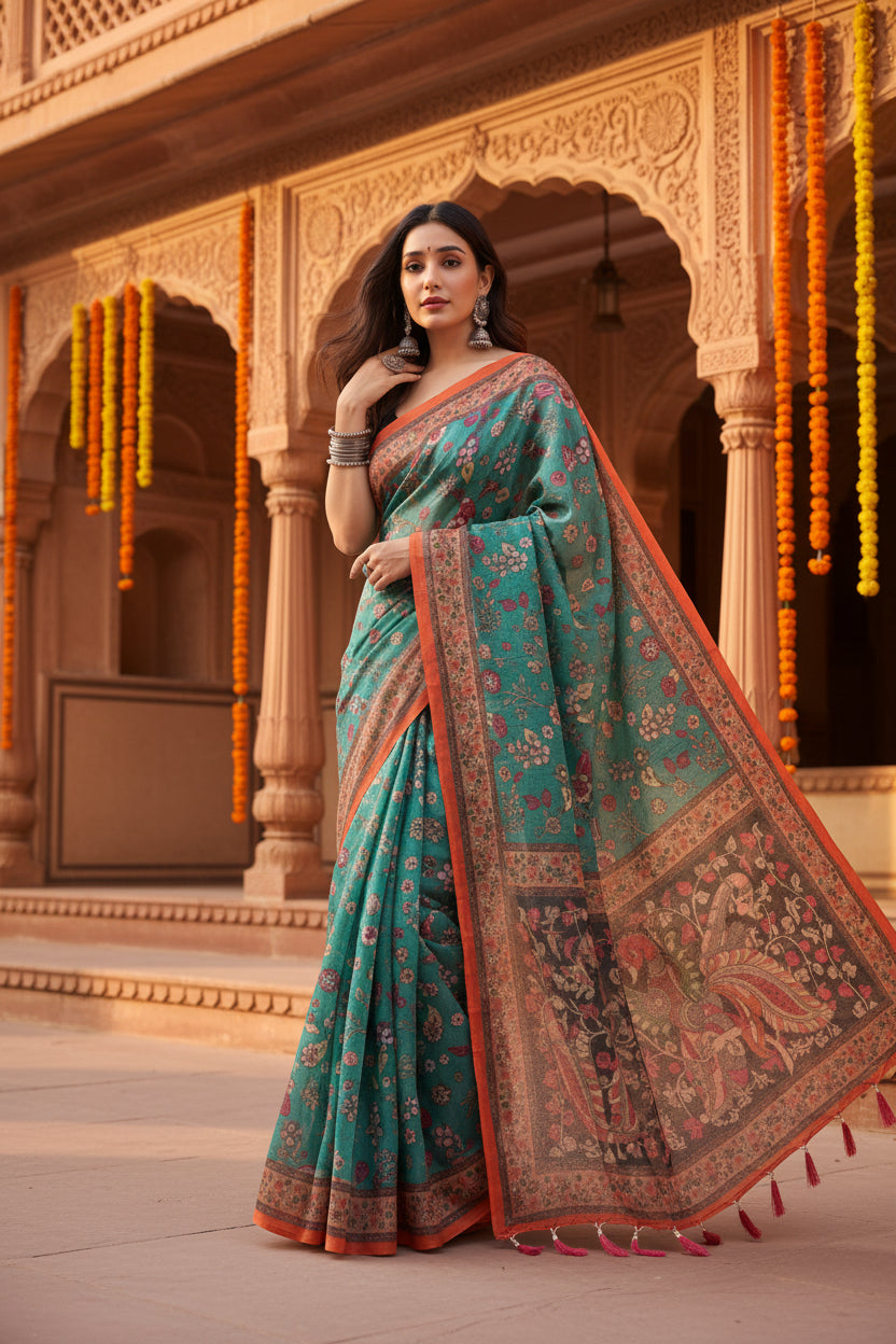 Women's Linen Printed Saree With Unstitched Blouse 5.5Mtr (Olive)
