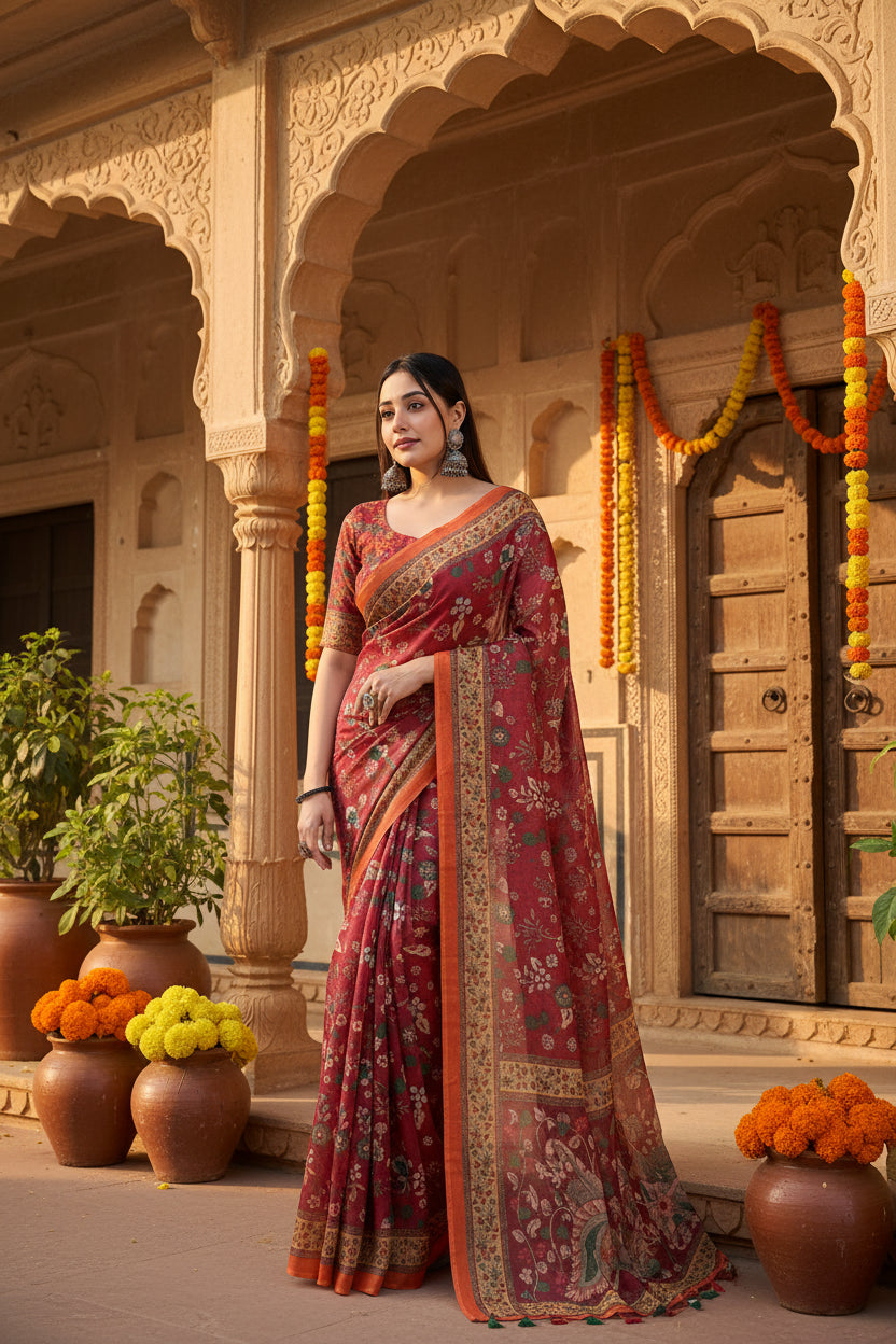Pid 65168 women s linen printed saree with unstitched blouse 5 5 mtr red 1 1000x1000