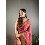 Load image into Gallery viewer, Women's Linen Printed Saree With Unstitched Blouse 5.5Mtr (Red)
