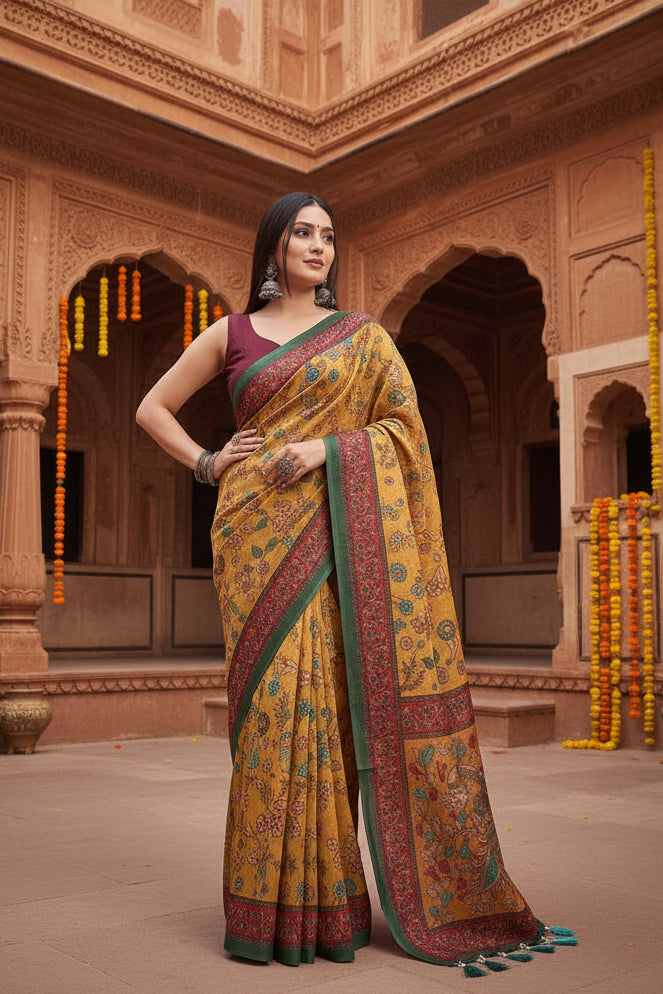 Women's Linen Printed Saree With Unstitched Blouse 5.5Mtr (Yellow)