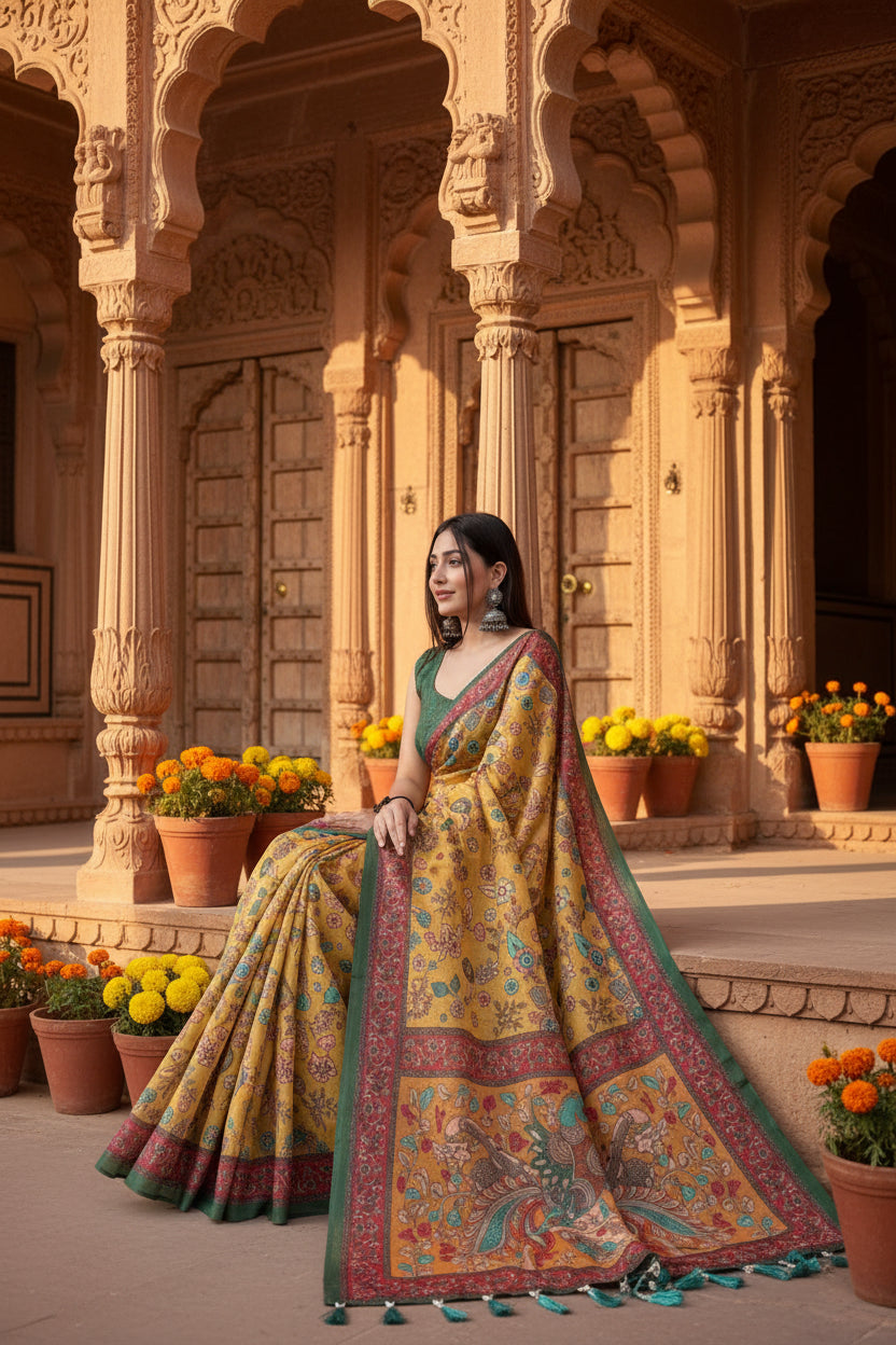 Women's Linen Printed Saree With Unstitched Blouse 5.5Mtr (Yellow)